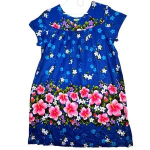 VTG UI-Maikai Muumuu Dress Women One Size Blue Hibiscus Floral Hawaii Tropical